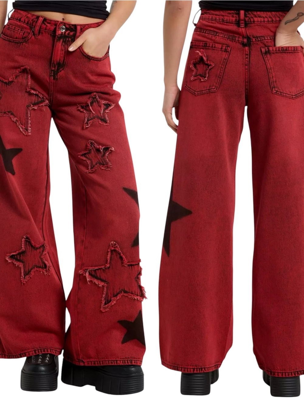 Hot Topic | Red Washed Frayed Star Wide Leg Jeans Red Black Size 1 NWOT